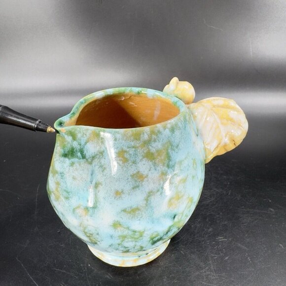 Vintage Hand Made Italian Pottery Small Pitcher Creamer Made Italy Leaf Handle - Picture 10 of 16